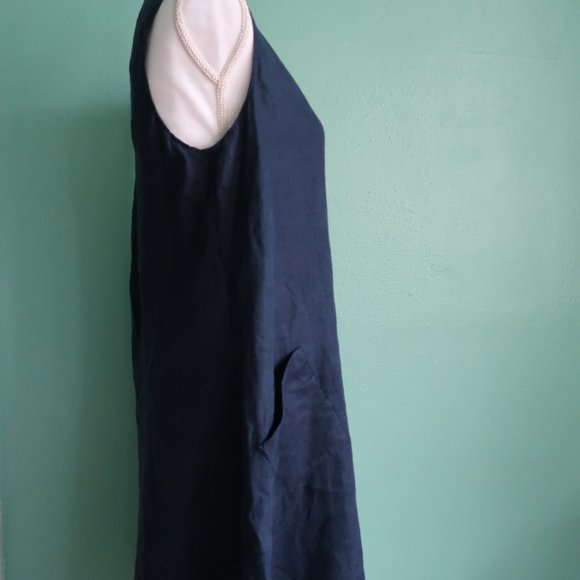 Flax Dark Blue V Neck Lightweight Linen Tank Dress with Pocket - Picture 2 of 14